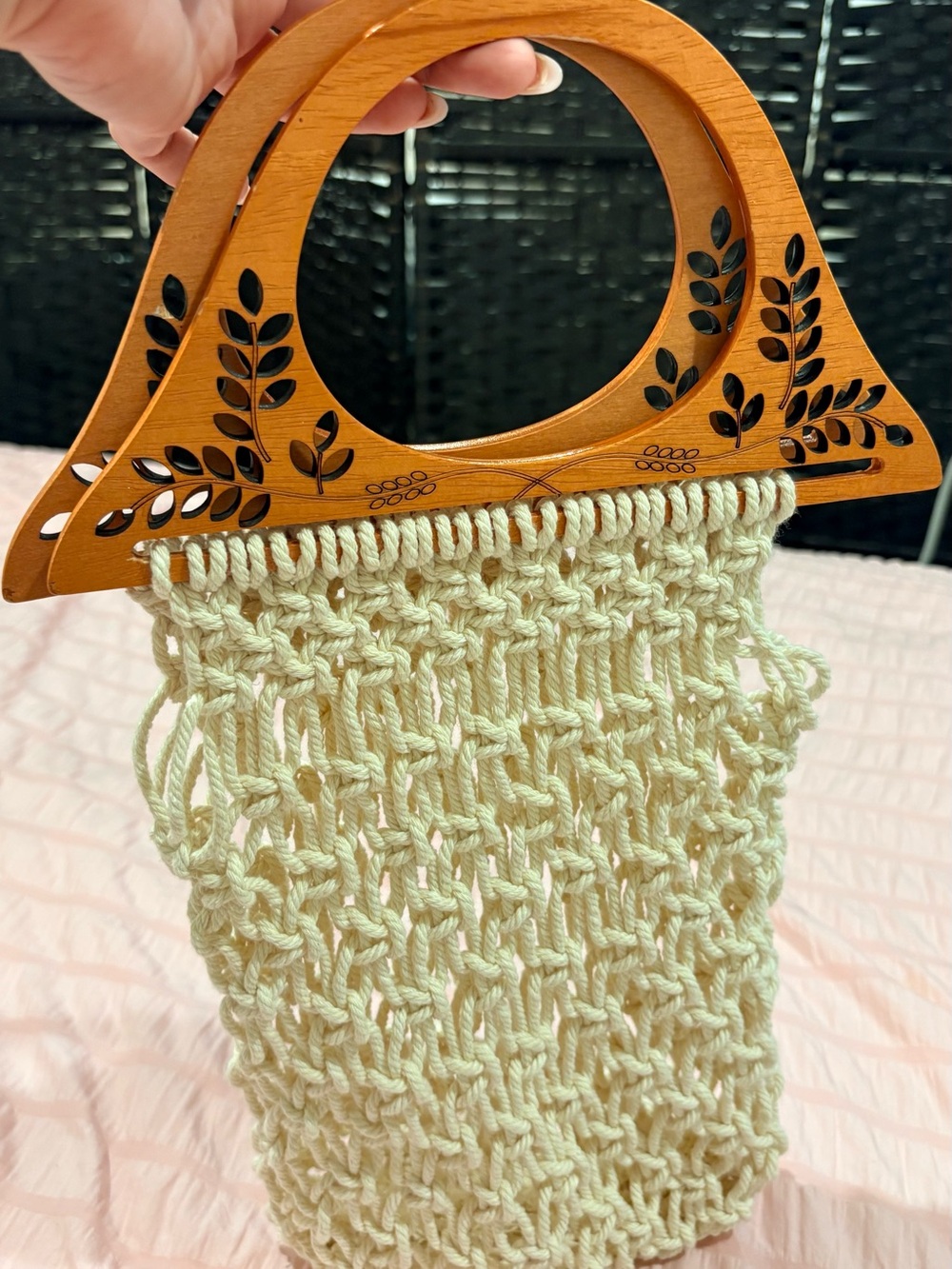 totes Cream Knit Macrame Tote with Decorative Wooden Handles